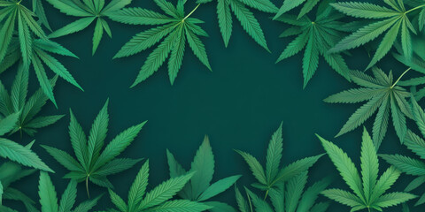 vibrant arrangement of cannabis leaves on dark green background, showcasing intricate details and textures of foliage, perfect for themes of nature and wellness