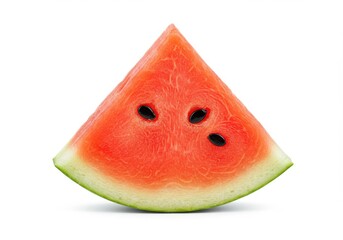 A close up of a triangular slice of watermelon with seeds against a plain white background studio shot