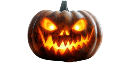 Spooky carved Halloween pumpkin with glowing eyes and eerie expression, isolated on transparent background, perfect for seasonal designs, party invitations, posters, and horror-themed digital art
