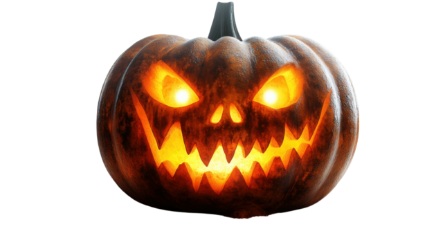 Spooky carved Halloween pumpkin with glowing eyes and eerie expression, isolated on transparent background, perfect for seasonal designs, party invitations, posters, and horror-themed digital art
