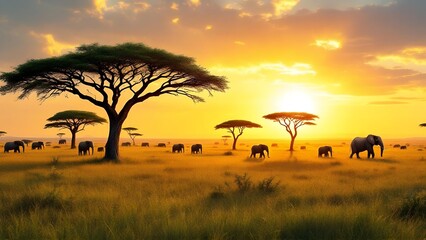 African Elephants at Sunset in the Savanna