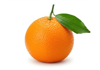 A single orange fruit with a green leaf attached to the stem on a white background studio shot view