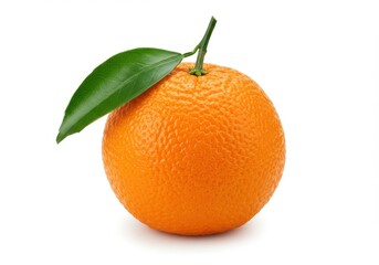 A single orange with stem and leaf on a white background in a studio shot showing the texture of the skin