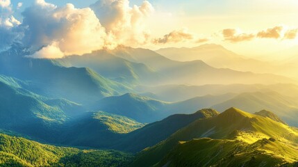 Fototapeta premium A serene mountain landscape bathed in warm sunlight, showcasing nature's beauty.