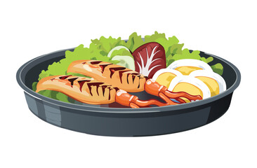 Grilled Squid Seafood with Egg and Vegetables - Vector Illustration