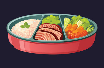 Bento Rice Food with Beef Steak and Vegetables - Vector Illustration