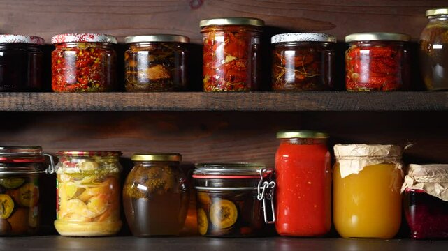 Many canned food in glass jars on wooden shelves in the cellar for winter consumption, close up. Food preservation. Colorful pickled and fermented jars of vegetables, honey, jam and other products