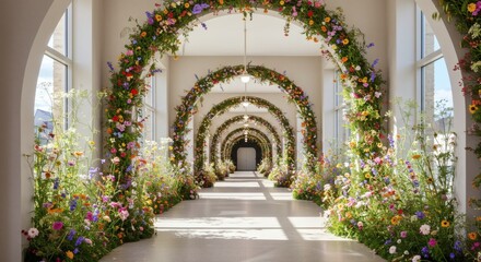 Fototapeta premium Walking Through Flower Archway Hallway with Colorful Blossoms and Natural Light