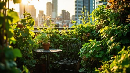 Urban balcony garden full of plants at sunset