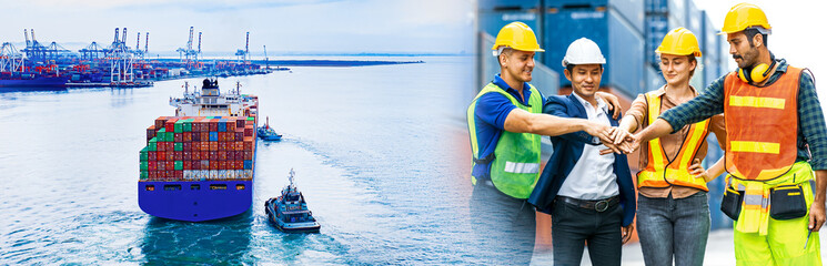 Group of professional foreman man & woman worker, business people, engineer teamwork put their hands together at industrial import-export containers ship yard. logistic.