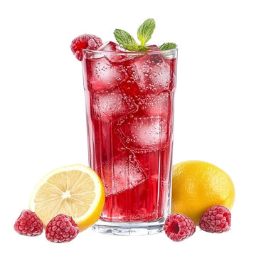 glass of raspberry lemonade with ice and raspberry and lemon isolated [Transparent Background PNG].