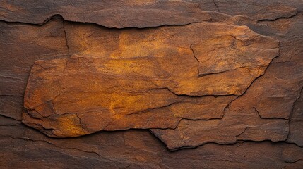 A close-up view of textured, layered rock with rich brown and orange hues, showcasing natural geological patterns.