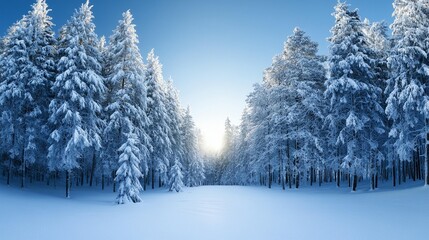 Obraz premium Serene winter forest path snowy landscape with ethereal light