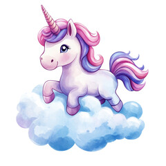 Fototapeta premium A cute unicorn is flying through a fluffy white cloud. The image has a whimsical and playful mood, with the unicorn's bright colors and the fluffy clouds creating a sense of magic and wonder