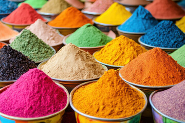 Colorful spice art for wallpaper showcases vibrant piles of spices in various hues, creating visually stunning display that evokes sense of warmth and richness