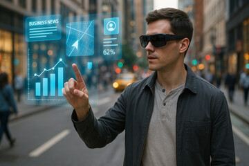 futuristic smart city at dusk, featuring advanced technologies like AI-driven systems, autonomous vehicles, drones, and interactive digital interfaces.