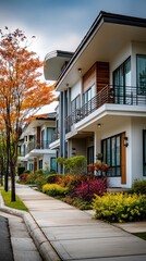 Modern suburban home with clean lines, bathed in soft daylight. Minimalist elegance in a quiet neighborhood setting.