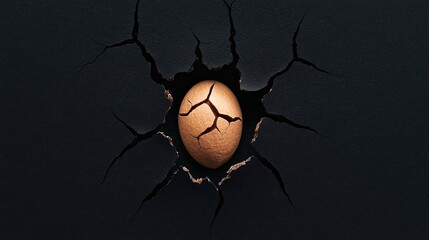 A cracked egg emerges from a dark surface, symbolizing birth, potential, and new beginnings in a striking visual contrast.
