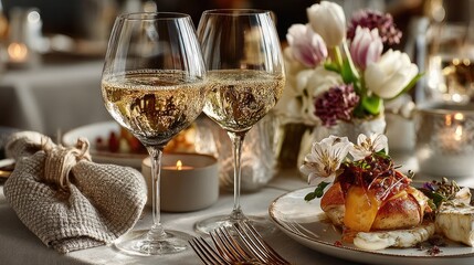 Two wine glasses with white wine on an elegant table; a moment of refined relaxation and simple luxury.