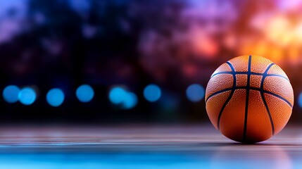 Basketball on wooden floor with colorful background