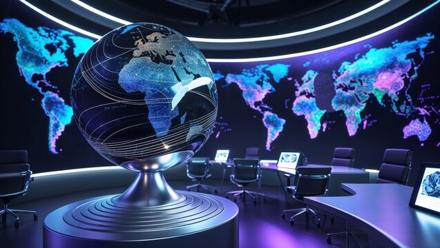 High-Tech Global Conference Room Displaying Earth Globe and World Map