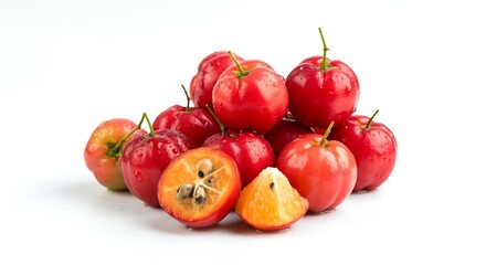 Small, vibrant acerolas with bright red tone grouped on a white background. Some have tiny water droplets, suggesting they were freshly picked. One sliced open reveals the juicy orange pulp.