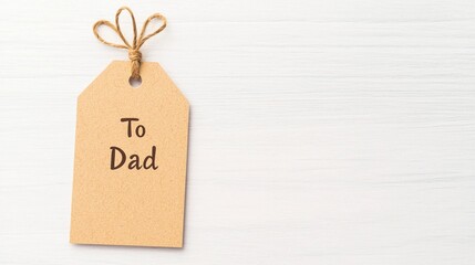 A simple gift tag reading "To Dad," tied with twine, against a light wooden background, suggesting a personal touch for a gift.