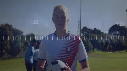 female soccer player holding ball on grass field, with financial candlestick charts floating - Powered by Adobe