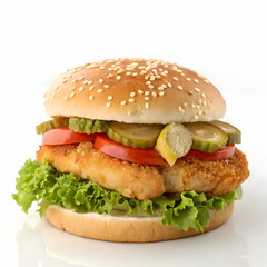 Delicious Crispy Chicken Burger with Pickles and Tomato