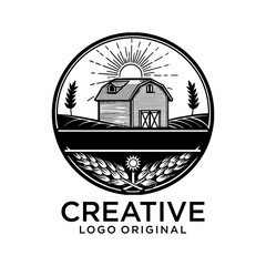 Illustration of a farmer with farm barn and silo in the background done in retro woodcut black and white style. © ifin