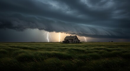 Fototapeta premium Isolated house amidst lightning strikes and turbulent weather.