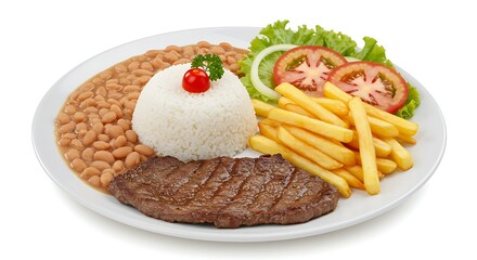 Plated Meal: Steak, Rice, Beans, and Fries on White Plate