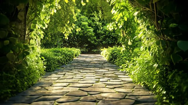 Sunlit stone path through lush green garden