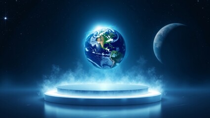 Fototapeta premium A Glowing Earth Floating Above a Podium in a Dark Space with a Crescent Moon