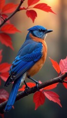 Obraz premium Vibrant bluebird, crimson leaves, autumn branch, image, forest, colorful