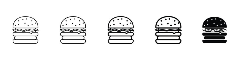 Set of 5 pixel perfect Hamburger icon with 1 unexpanded, 1 silhouette, editable hamburger icon symbolizing fast food, meals, and casual dining with a bold line design