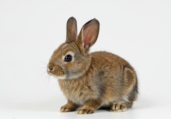 Obraz premium A small brown rabbit with long ears sits against a plain white background in a studio setting