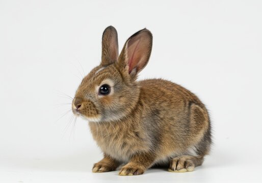 A small brown rabbit with long ears sits against a plain white background in a studio setting
