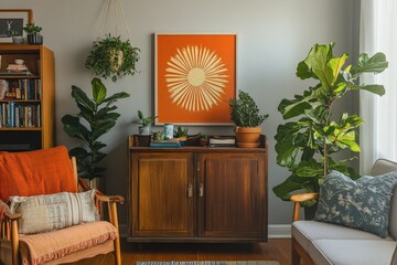 A living room with a wooden cabinet and a sunflower painting on the wall. The room is decorated with plants and has a cozy, warm atmosphere