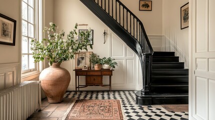 Elegant home entryway, grand staircase, terracotta pot, checkered floor, interior design