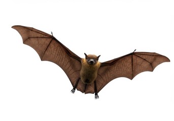 A bat with brown wings spread wide against a plain white background facing directly towards the viewer