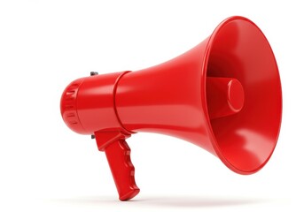 A bright red megaphone with a handle and a wide opening on a clean white background studio shot