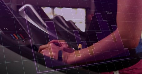 Woman wearing smartwatch adjusting treadmill controls in gym, overlaying financial bar graph data - Powered by Adobe