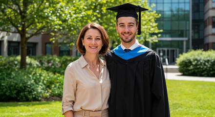 Male graduate with mother on university campus for blog articles, alumni newsletters, promotional flyers, educational presentations and social graphics