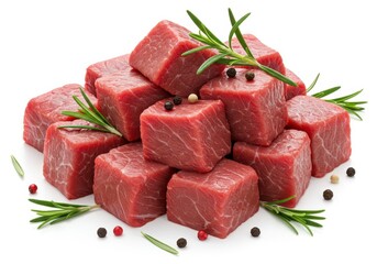 Close up of cubed raw beef meat stacked with rosemary sprigs and peppercorns on a white background