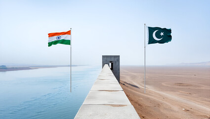 A river from India is blocked by a concrete wall. Pakistani side is dry. Flags on both sides. Symbolic of water tension. No humans. Simple background.