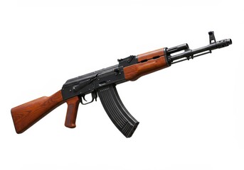 Isolated image depicting a black ak rifle with a brown wooden stock and magazine on a white background