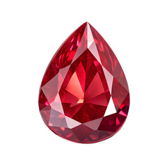 A macro image of a pear-shaped ruby, tilted slightly, showcasing its deep red color and the intricate facets reflecting light.