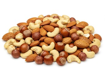 A scattered pile of almonds, cashews, and hazelnuts on a plain white background in a close up view