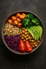 Vibrant grain bowl with sweet potato, chickpeas, avocado, broccoli, cabbage, and tomato. Healthy and balanced lunch.